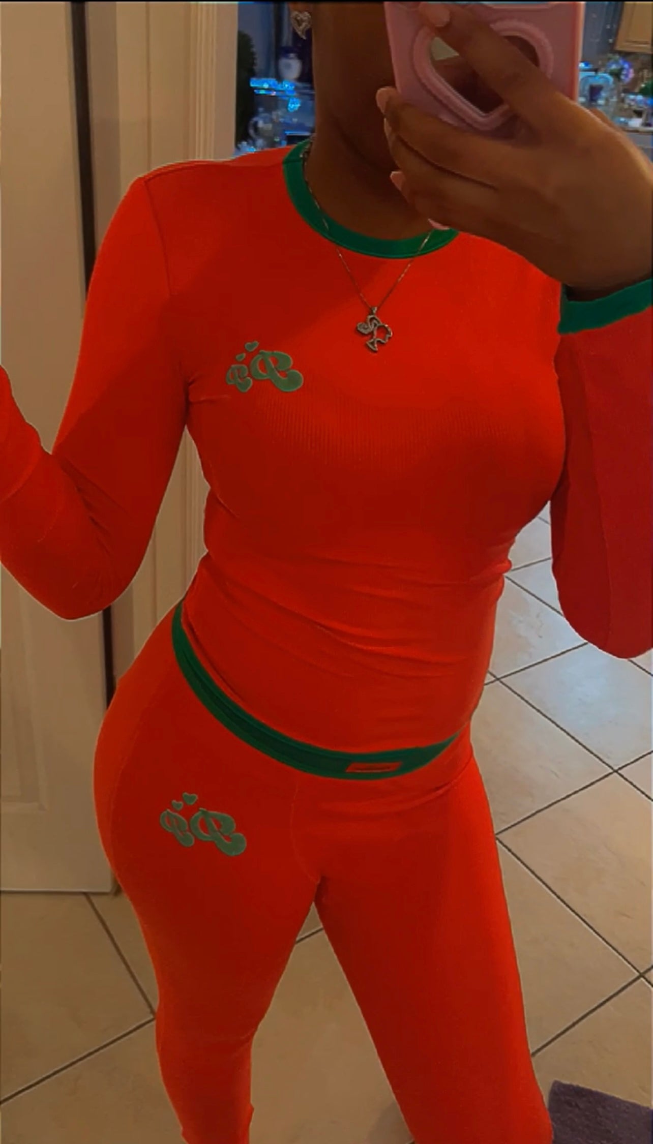 Orange&Green Ribbed Long Sleeve Shirt