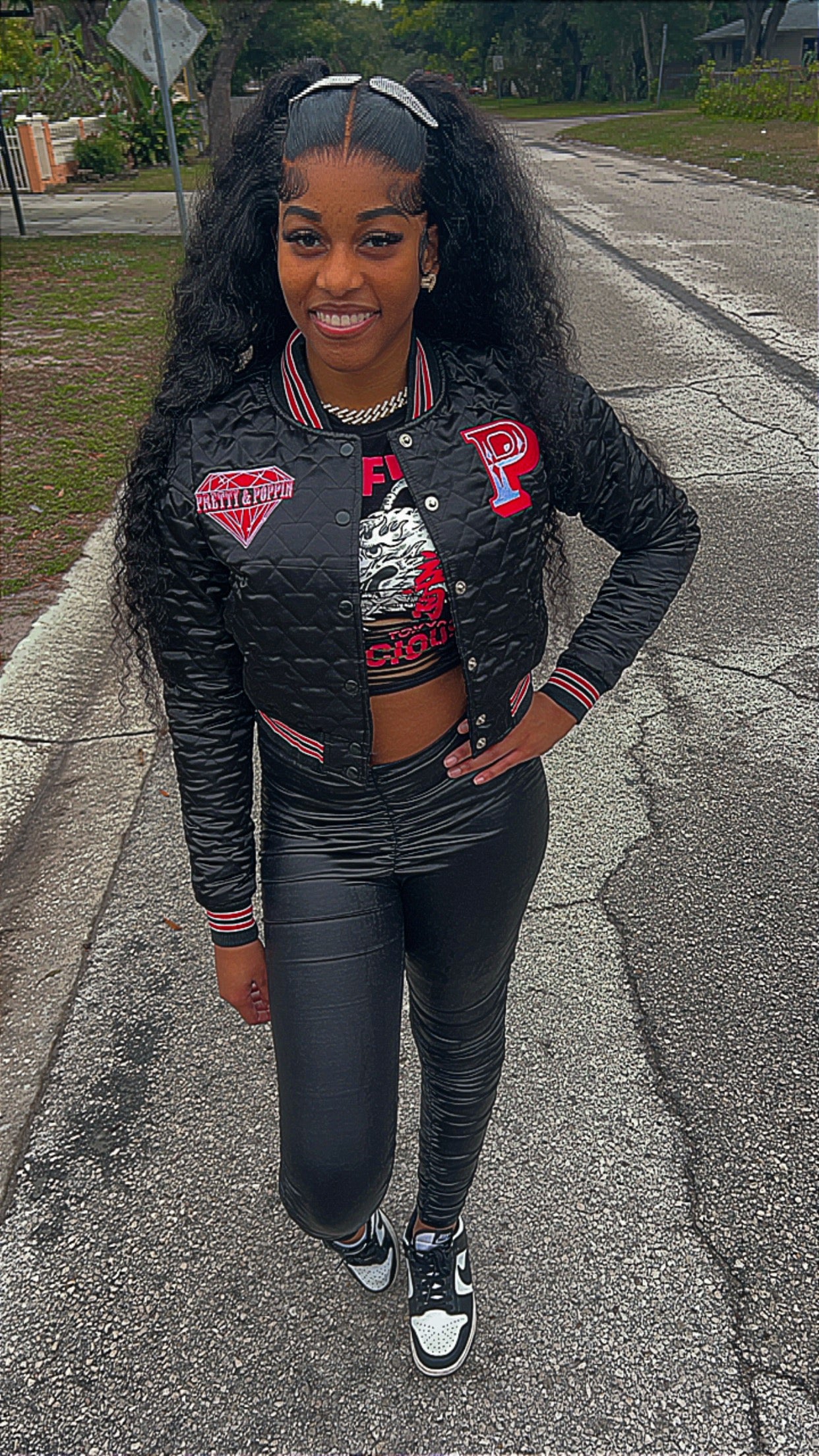 Black & Red Diamond Cropped Varsity Jacket