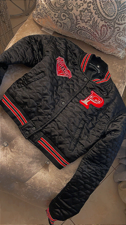 Black & Red Diamond Cropped Varsity Jacket