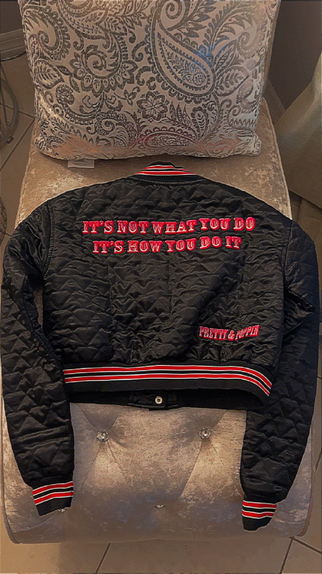 Black & Red Diamond Cropped Varsity Jacket