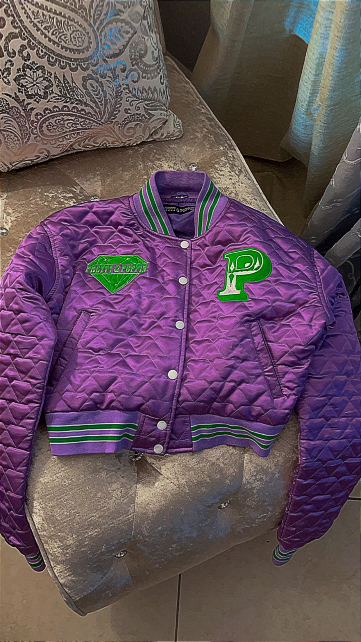 Lavender & Slime Green Diamond Cropped Varsity Jacket