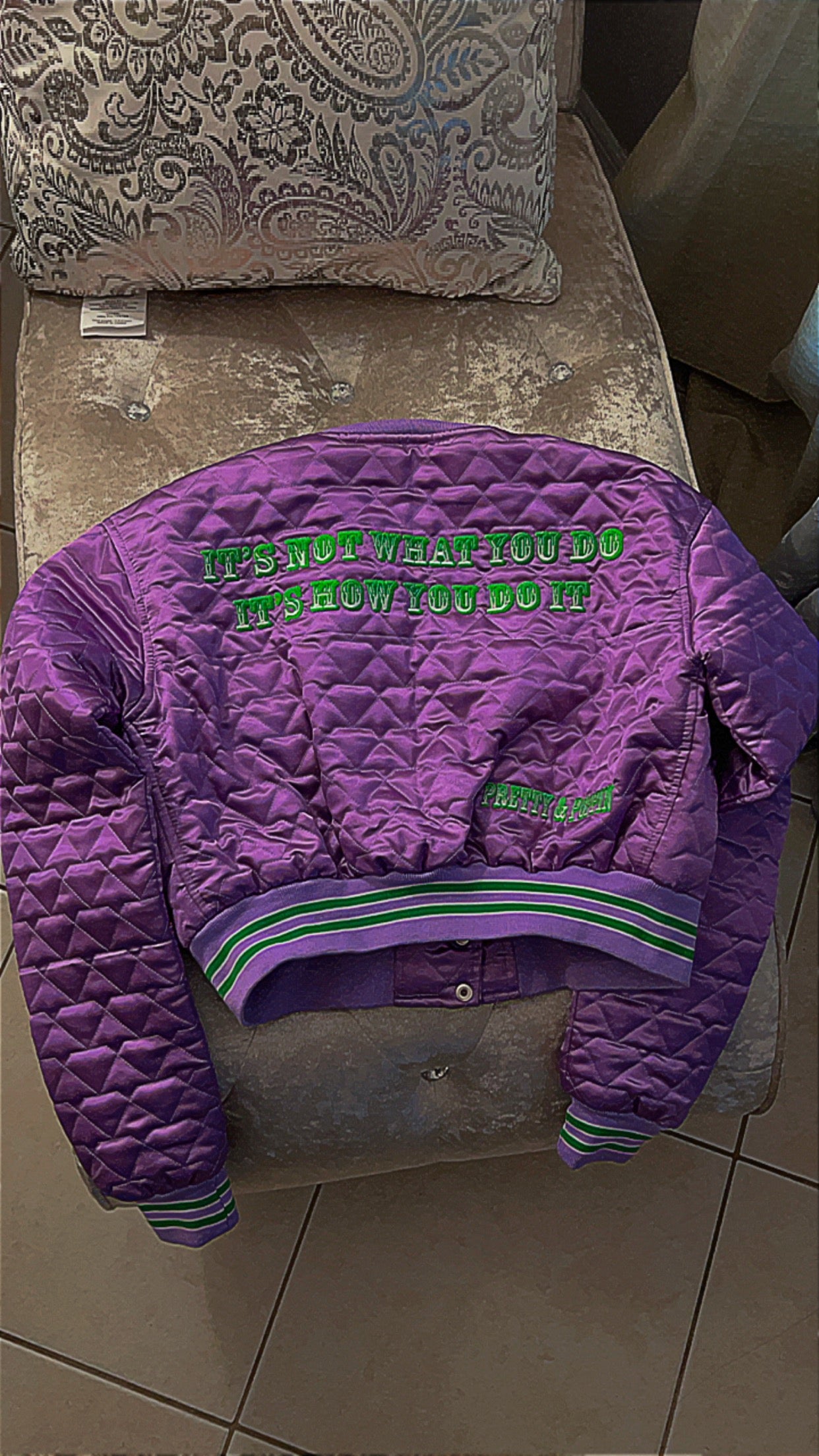 Lavender & Slime Green Diamond Cropped Varsity Jacket